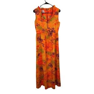 Vintage Lilia Honolulu Bright Orange Floral Hawaiian Maxi Dress Sleeveless